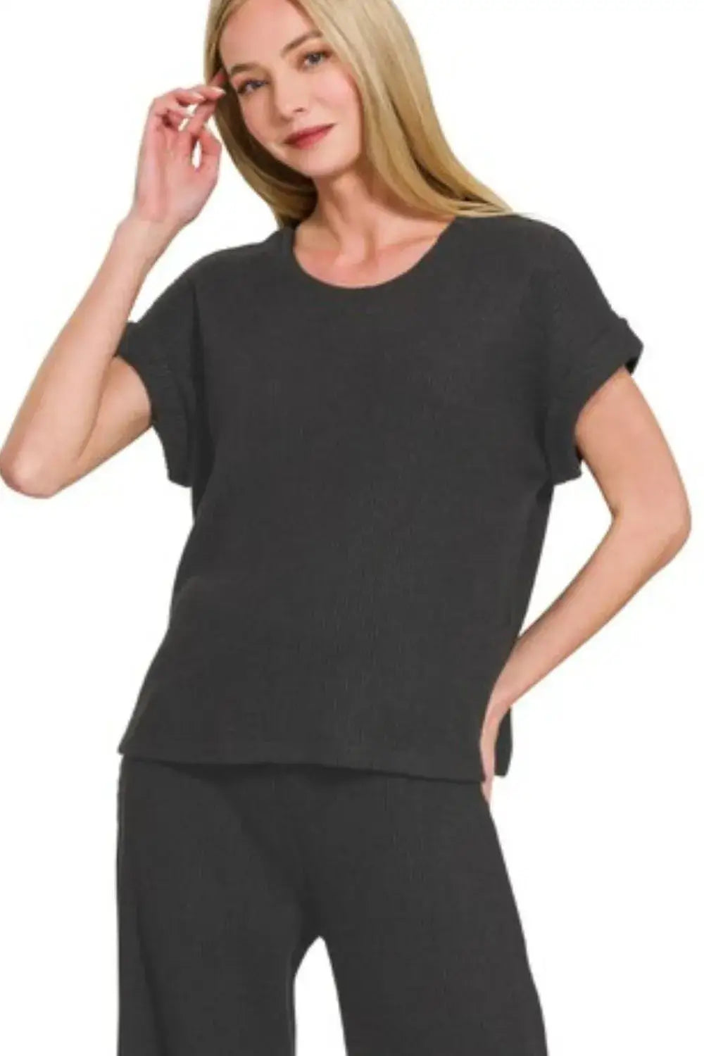 Charcoal gray rolled sleeve top from Zenana pants sweater set with relaxed fit