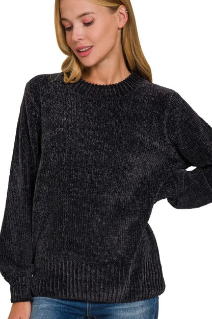 Zenana Round Neck Balloon Sleeve Chenille Sweater - BLACK / S/M
