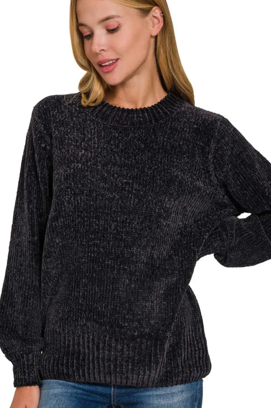 Zenana Round Neck Balloon Sleeve Chenille Sweater - BLACK / S/M