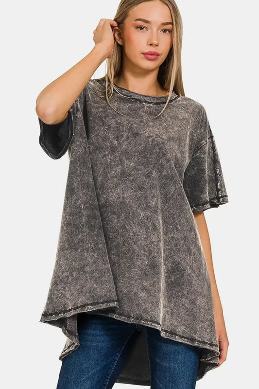Charcoal tie-dye oversized round neck dropped shoulder blouse with high-low hem