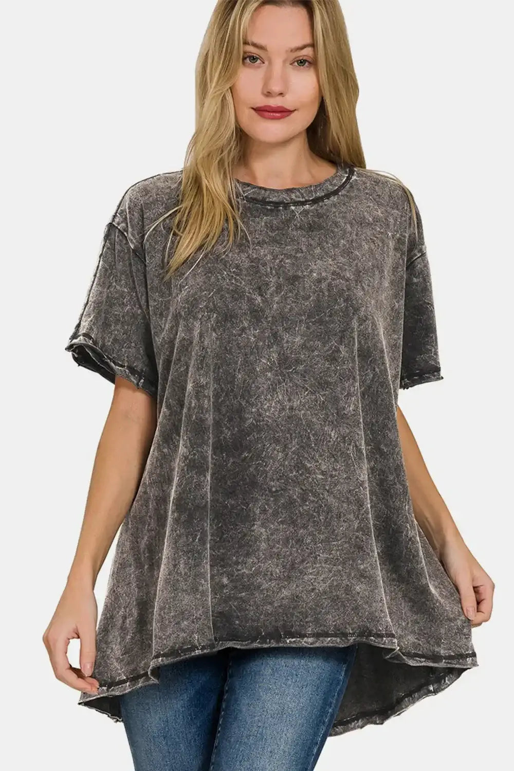 Charcoal tie-dye oversized round neck dropped shoulder blouse with distressed edges