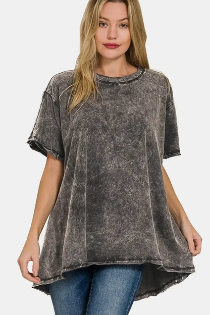 Charcoal tie-dye oversized round neck dropped shoulder blouse with distressed edges
