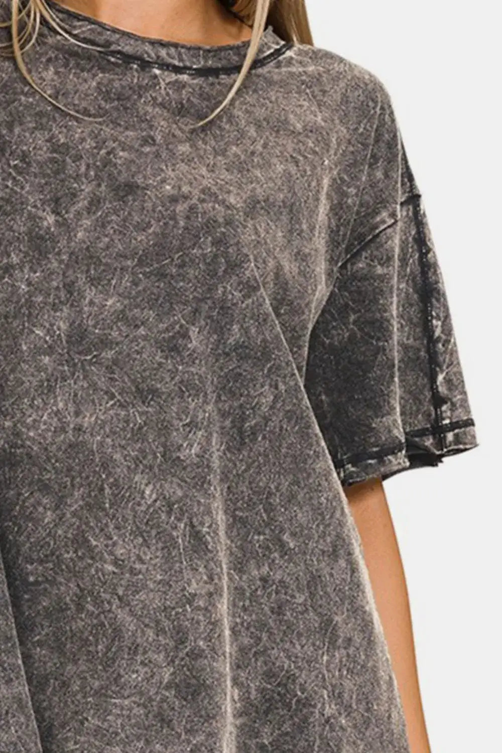 Charcoal tie-dye oversized round neck dropped shoulder blouse with distressed details