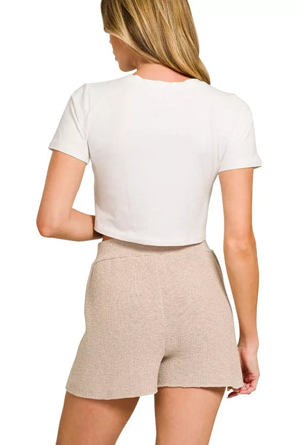 Zenana Round Neck Knit Top and Shorts Sweater Set - Knit Top and Shorts Sweater Set