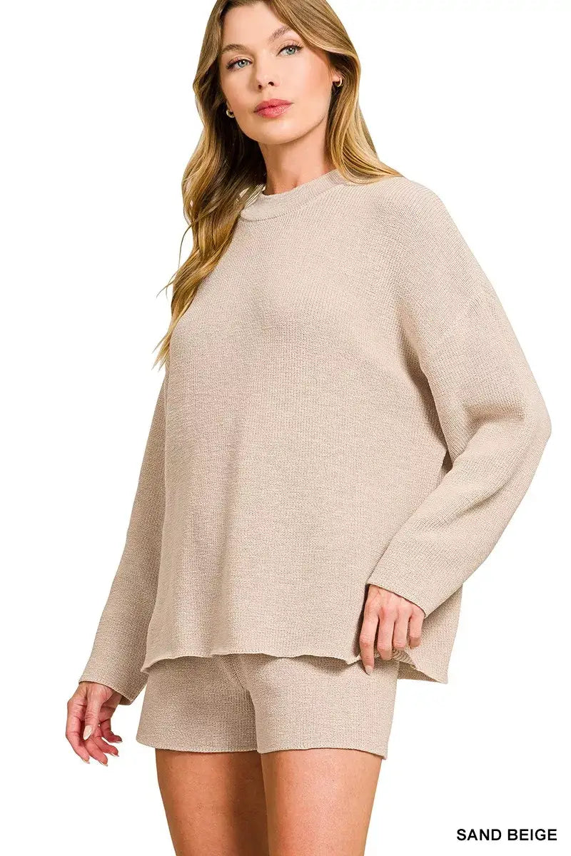 Zenana Round Neck Knit Top and Shorts Sweater Set - Knit Top and Shorts Sweater Set