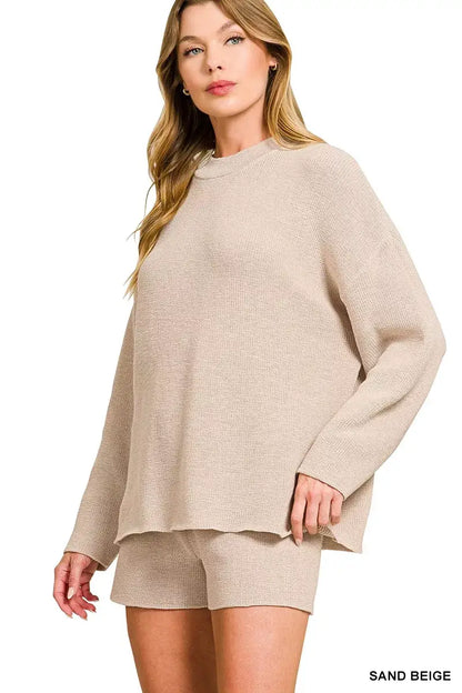 Zenana Round Neck Knit Top and Shorts Sweater Set - Knit Top and Shorts Sweater Set