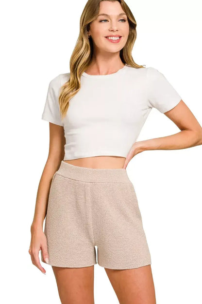 Zenana Round Neck Knit Top and Shorts Sweater Set - Knit Top and Shorts Sweater Set