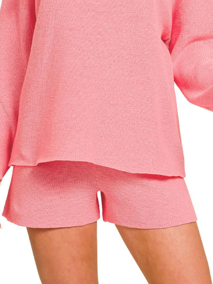 Zenana Round Neck Knit Top and Shorts Sweater Set - Knit Top and Shorts Sweater Set
