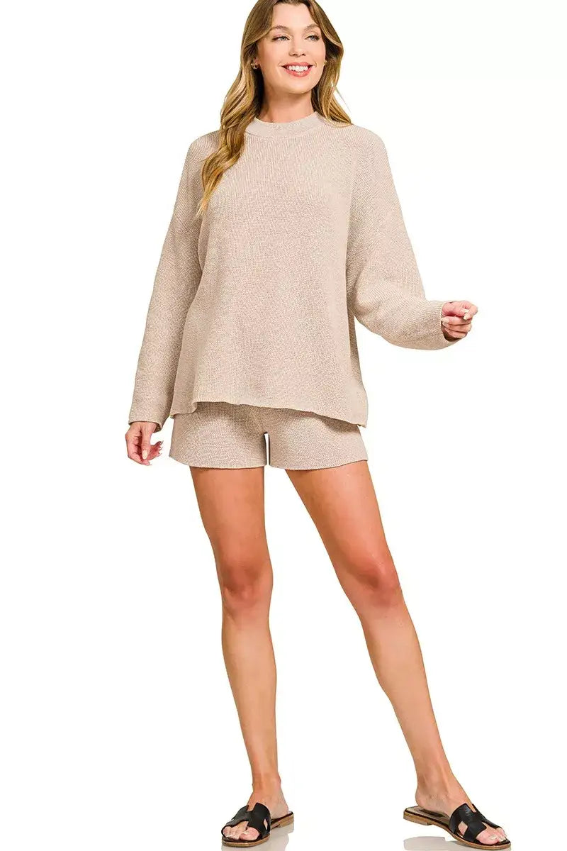 Zenana Round Neck Knit Top and Shorts Sweater Set - Knit Top and Shorts Sweater Set