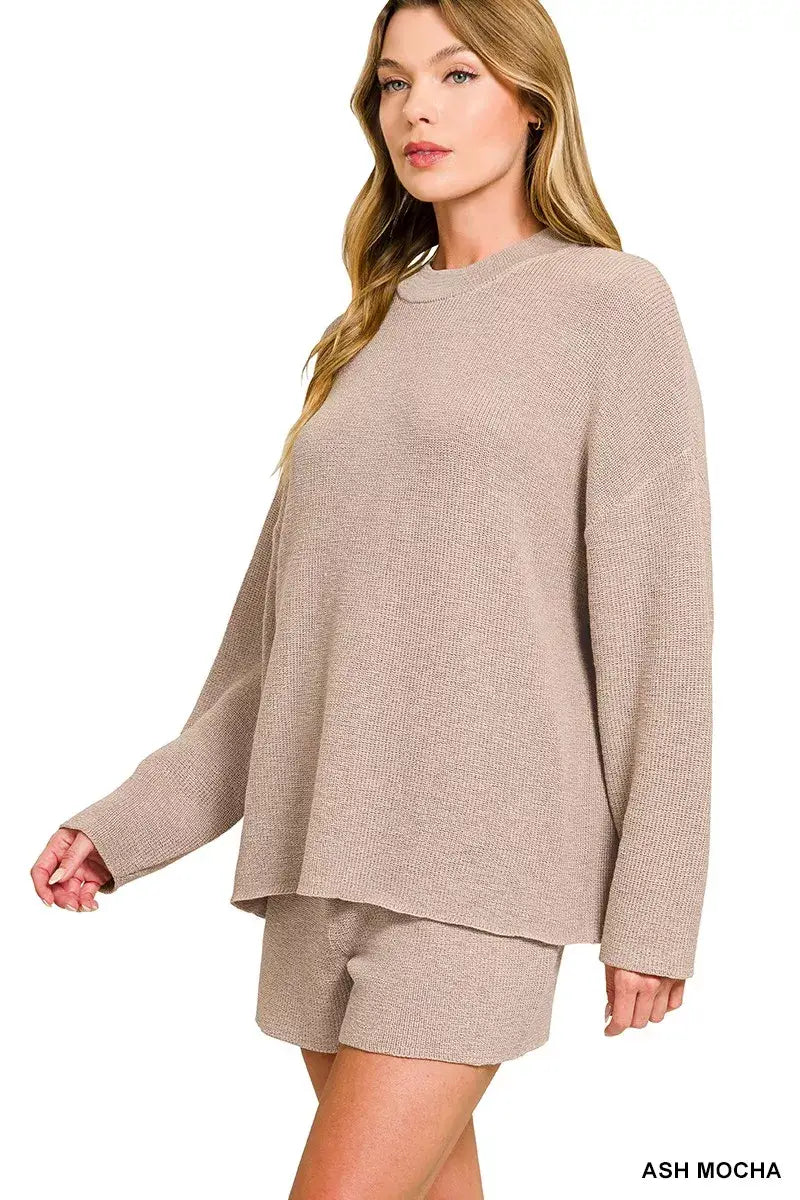 Zenana Round Neck Knit Top and Shorts Sweater Set - ASH MOCHA / S - Knit Top and Shorts Sweater Set