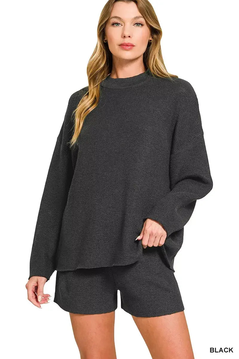 Zenana Round Neck Knit Top and Shorts Sweater Set - BLACK / S