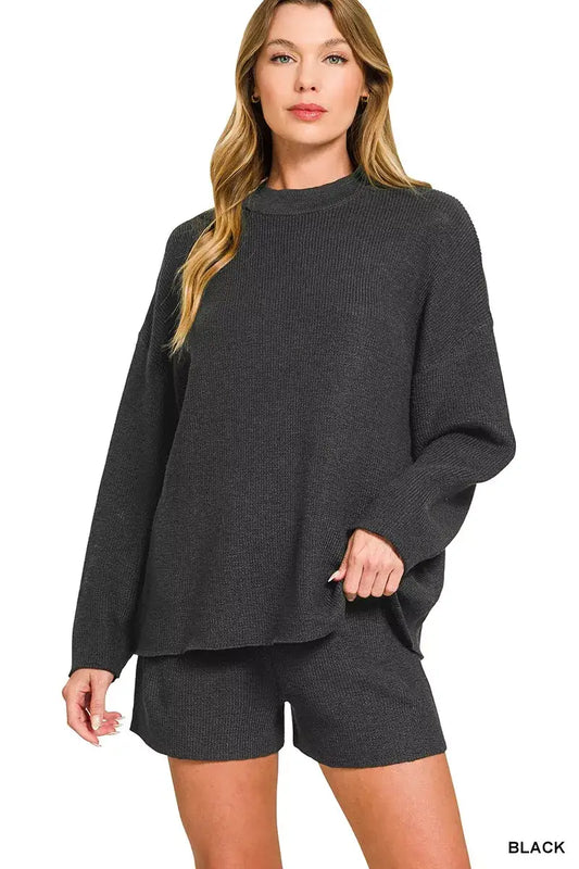 Zenana Round Neck Knit Top and Shorts Sweater Set - BLACK / S