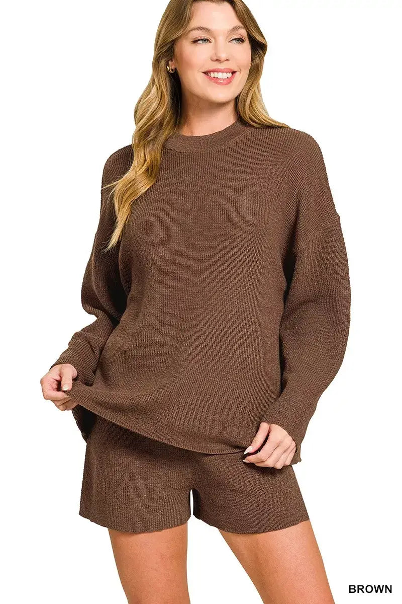 Zenana Round Neck Knit Top and Shorts Sweater Set - BROWN / S