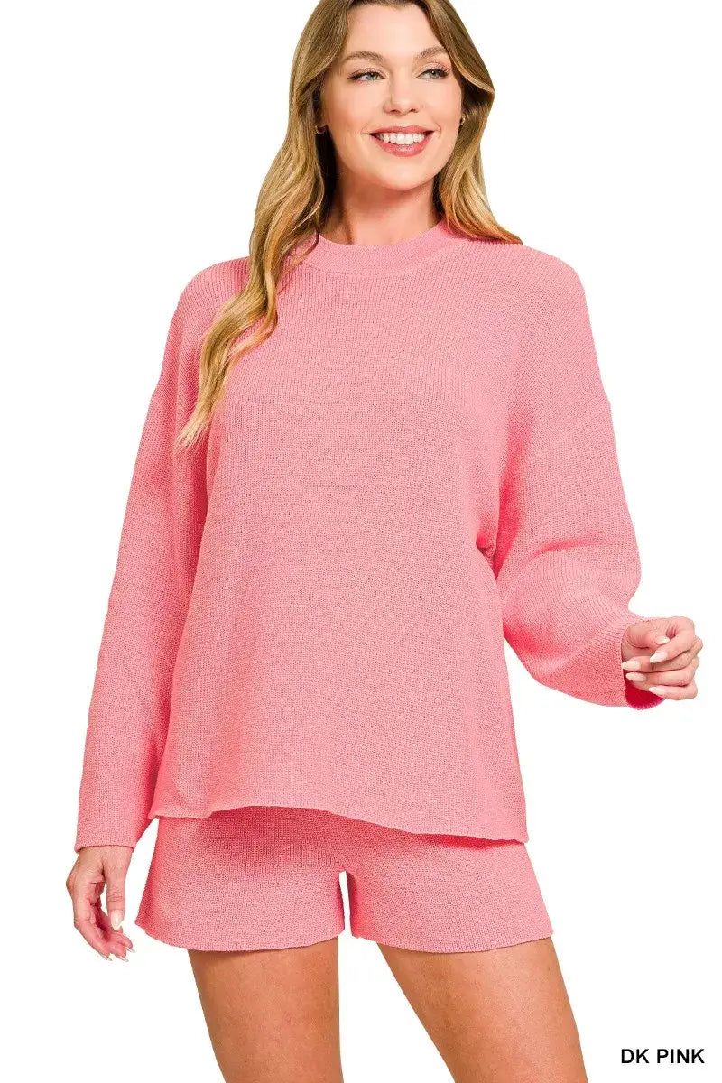 Zenana Round Neck Knit Top and Shorts Sweater Set - DK PINK / S - Knit Top and Shorts Sweater Set