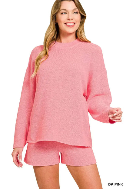 Zenana Round Neck Knit Top and Shorts Sweater Set - DK PINK / S - Knit Top and Shorts Sweater Set
