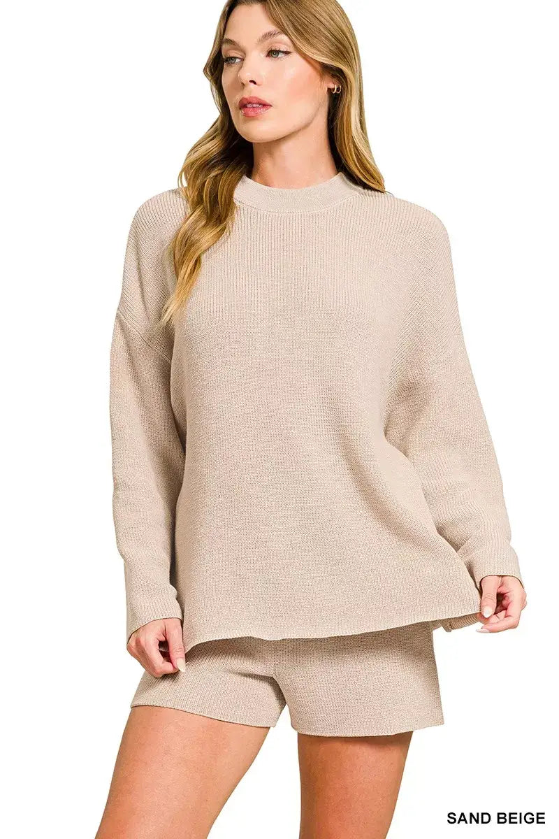 Zenana Round Neck Knit Top and Shorts Sweater Set - SAND BEIGE / S - Knit Top and Shorts Sweater Set