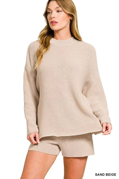 Zenana Round Neck Knit Top and Shorts Sweater Set - SAND BEIGE / S - Knit Top and Shorts Sweater Set