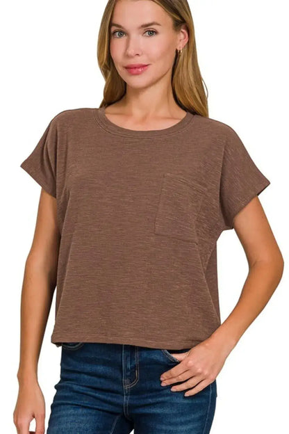 Zenana Round Neck Short Sleeve T-Shirt - BROWN / S