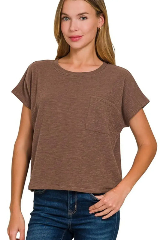 Zenana Round Neck Short Sleeve T-Shirt - BROWN / S