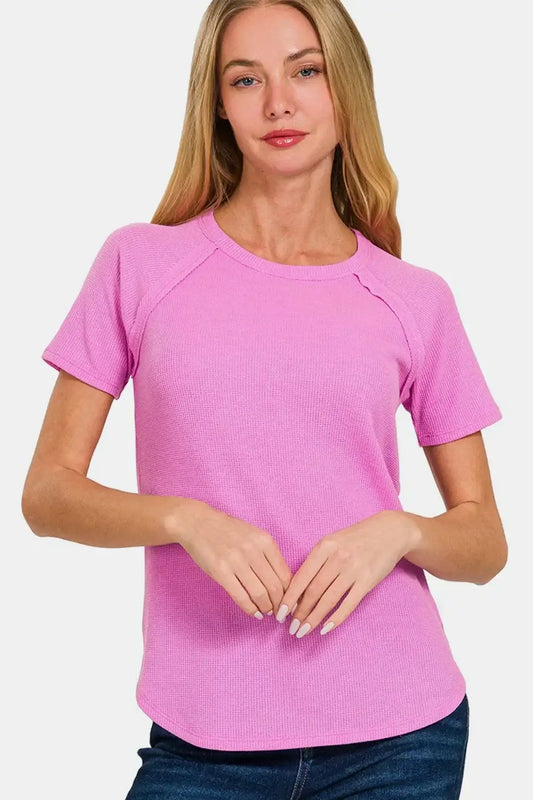 Zenana Round Neck Short Sleeve Waffle T-Shirt - BRIGHT MAUVE / S