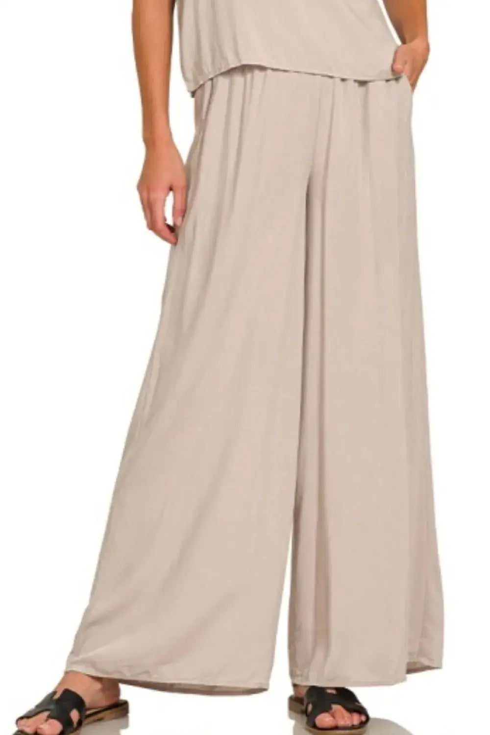 Zenana Round Neck T-Shirt and Wide Leg Pants Set - Apparel & Accessories > Clothing > One-Pieces > Jumpsuits & Rompers