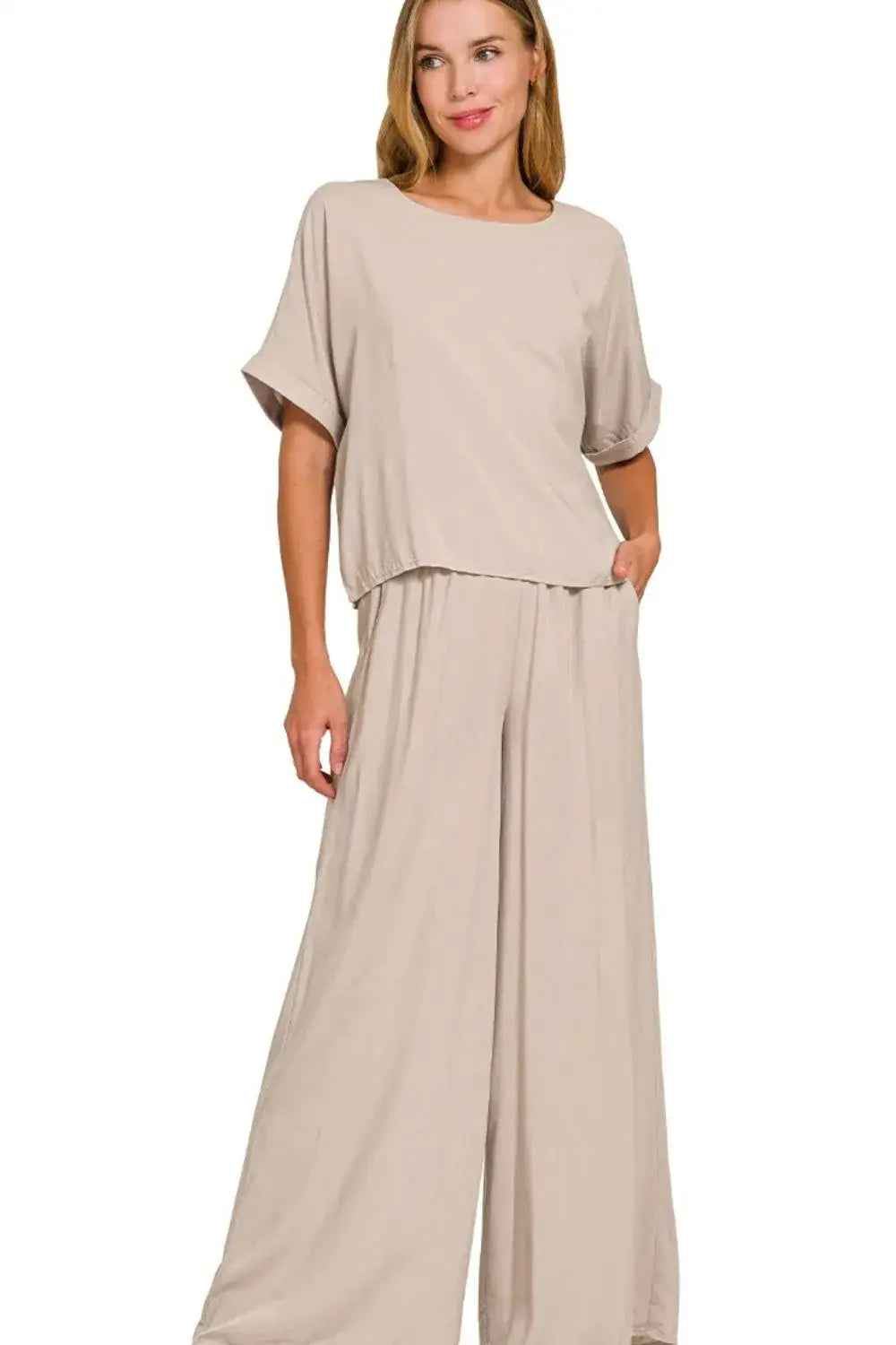 Zenana Round Neck T-Shirt and Wide Leg Pants Set - ASH MOCHA / S - Apparel & Accessories > Clothing > One-Pieces >