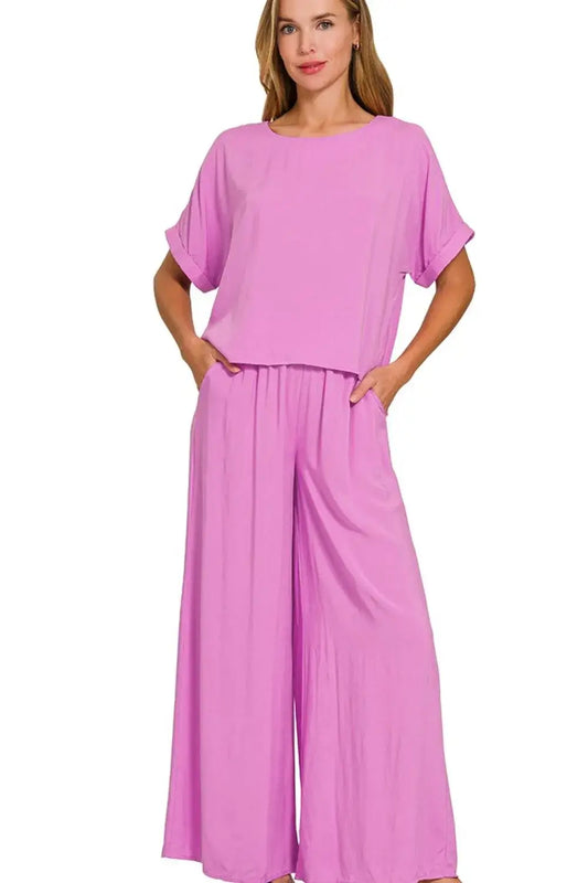 Lavender Zenana round neck t-shirt and wide leg pants set with soft fabric