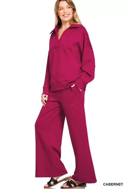 Zenana Scuba Collared Pullover and Pants Set - Collared Pullover and Pants Set
