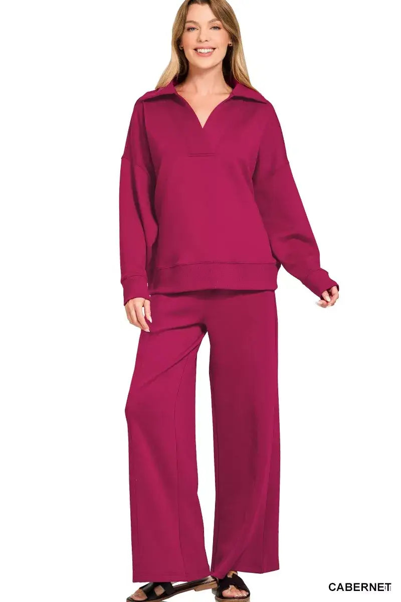 Zenana Scuba Collared Pullover and Pants Set - CABERNET / S - Collared Pullover and Pants Set