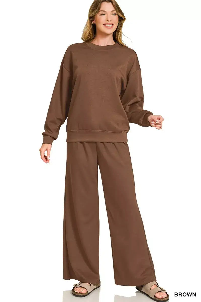 Zenana Scuba Crewneck Pullover and Pants Set - BROWN / S - Pullover and Pants Set