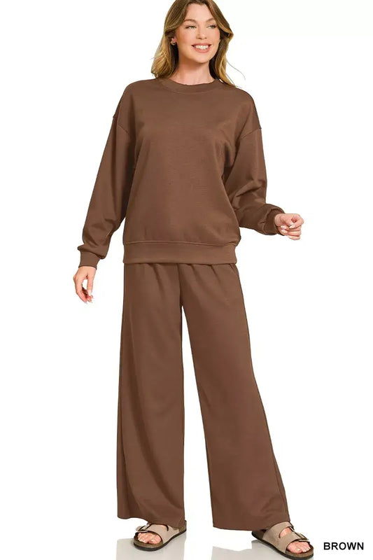 Zenana Scuba Crewneck Pullover and Pants Set - BROWN / S - Pullover and Pants Set