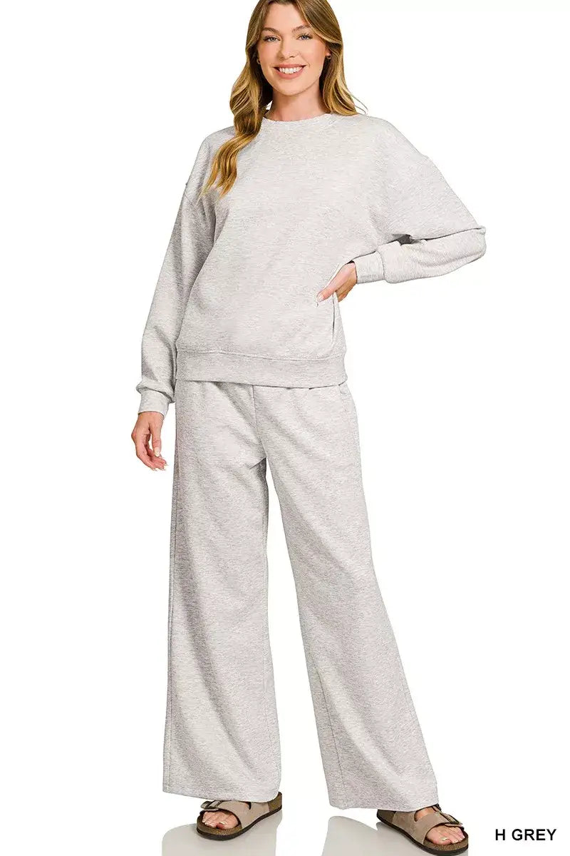 Zenana Scuba Crewneck Pullover and Pants Set - H GREY / S