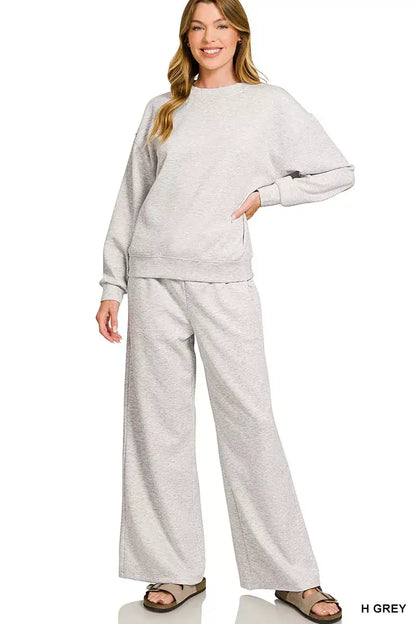 Zenana Scuba Crewneck Pullover and Pants Set - H GREY / S