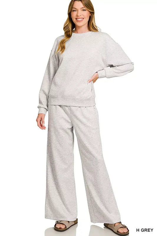 Zenana Scuba Crewneck Pullover and Pants Set - H GREY / S