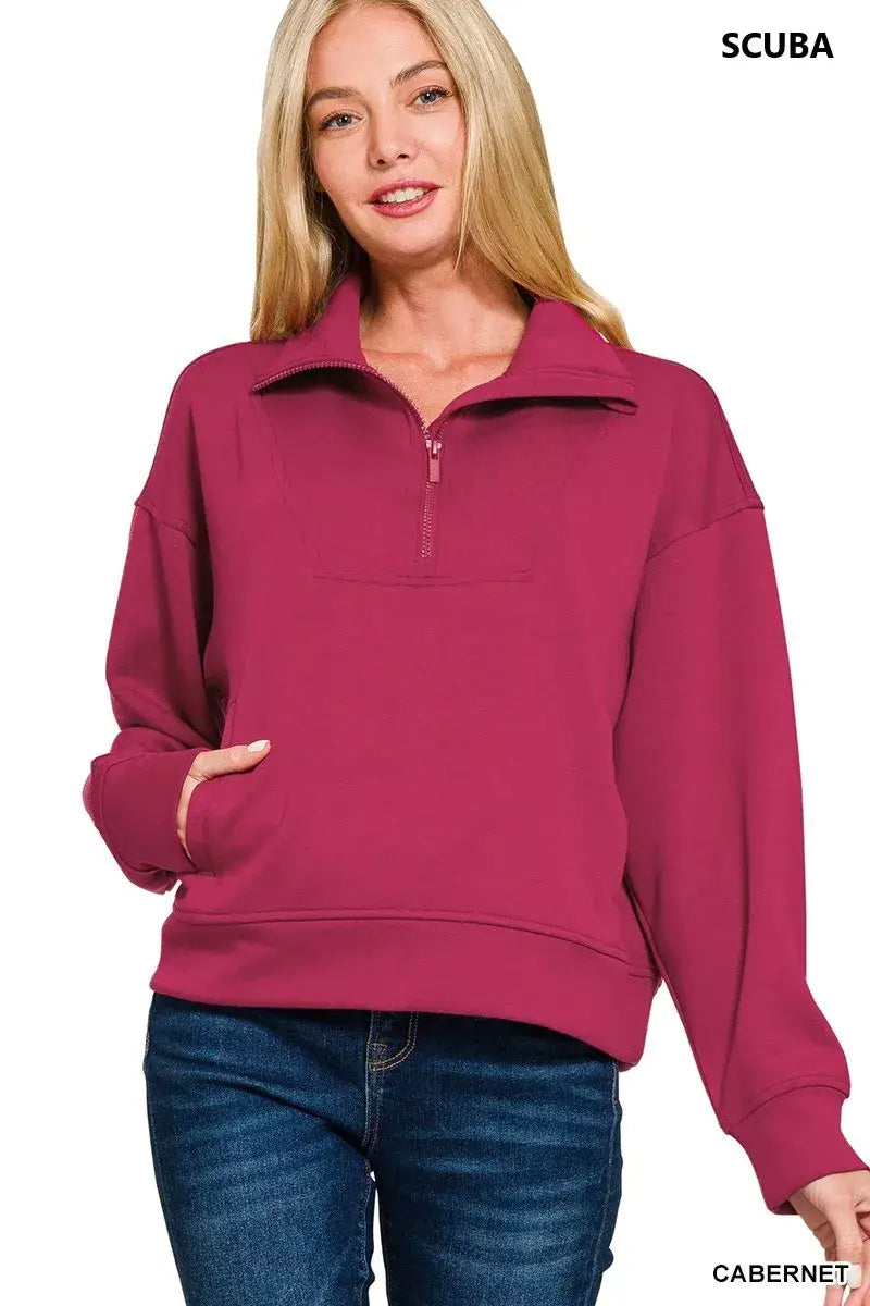 Zenana Scuba Half Zip Sweatshirt with Pockets