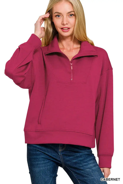 Zenana Scuba Half Zip Sweatshirt with Pockets - CABERNET / S