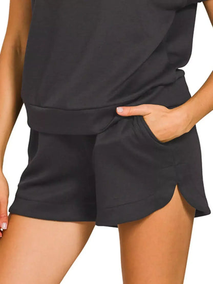 Zenana Scuba High Neck Half Zip Top and Dolphin Shorts Set - Half Zip Top and Dolphin Shorts Set