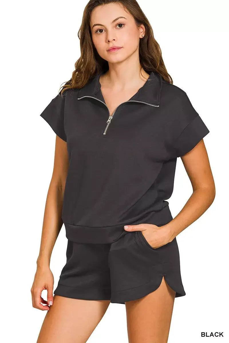 Zenana Scuba High Neck Half Zip Top and Dolphin Shorts Set - Half Zip Top and Dolphin Shorts Set