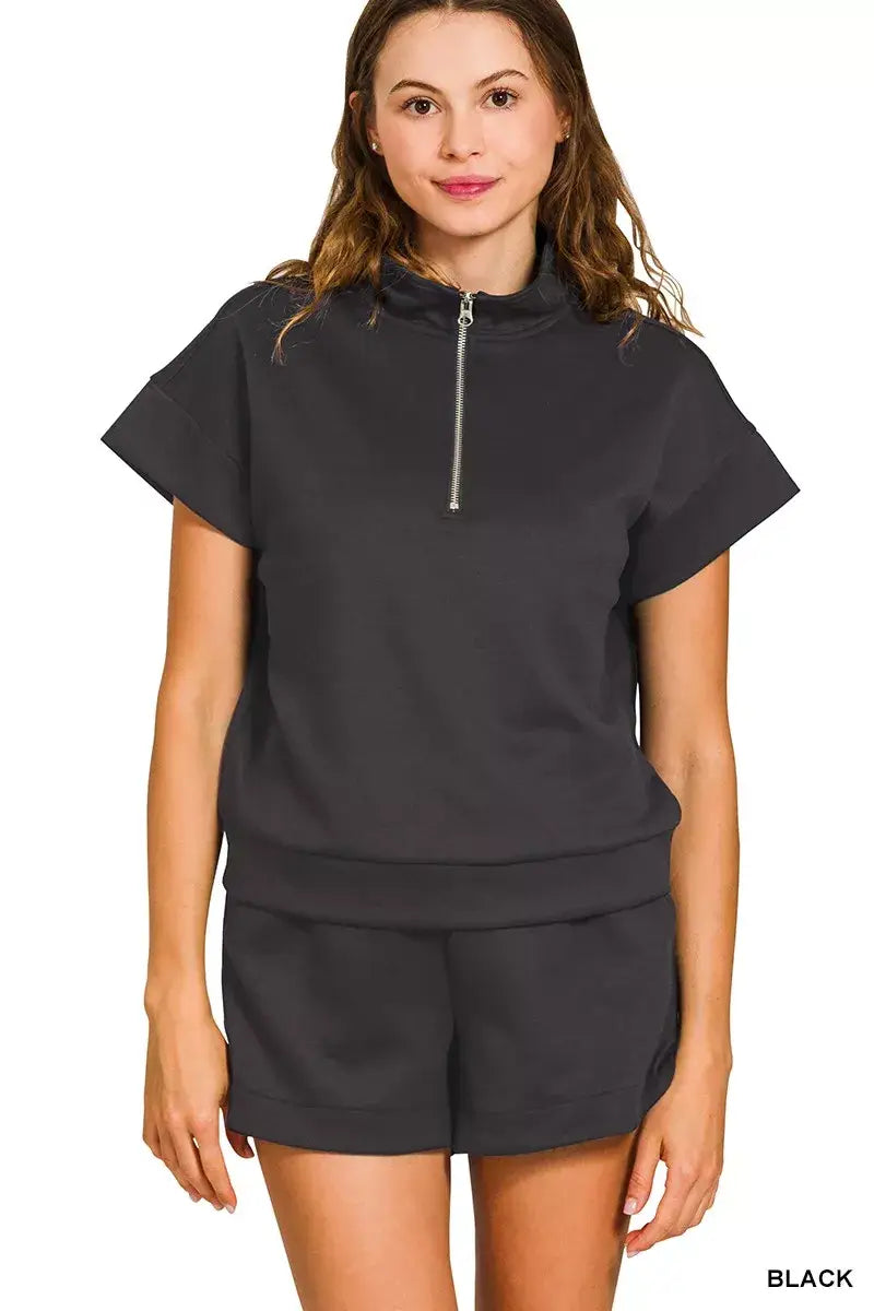 Zenana Scuba High Neck Half Zip Top and Dolphin Shorts Set - BLACK / S - Half Zip Top and Dolphin Shorts Set