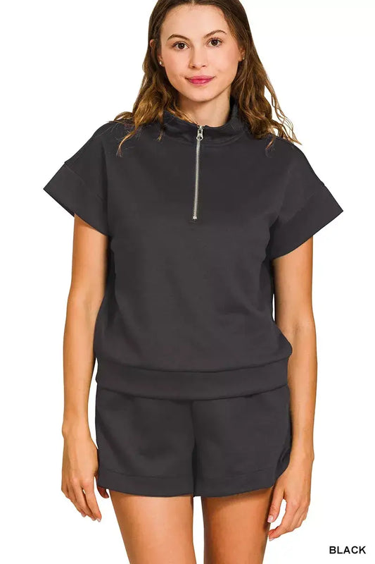 Zenana Scuba High Neck Half Zip Top and Dolphin Shorts Set - BLACK / S - Half Zip Top and Dolphin Shorts Set