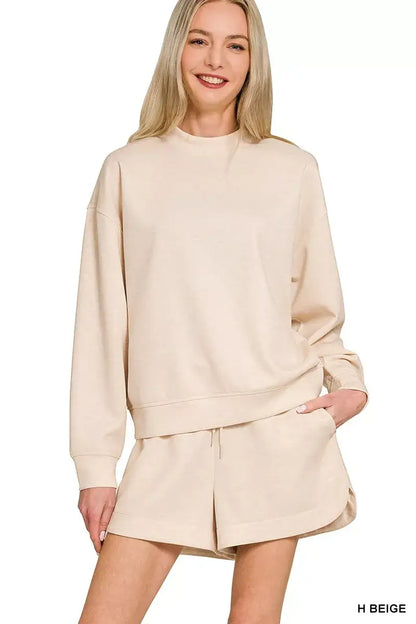 Zenana Scuba Long Sleeve Sweatshirt and Shorts Set - H BEIGE / S - Sleeve Sweatshirt and Shorts Set