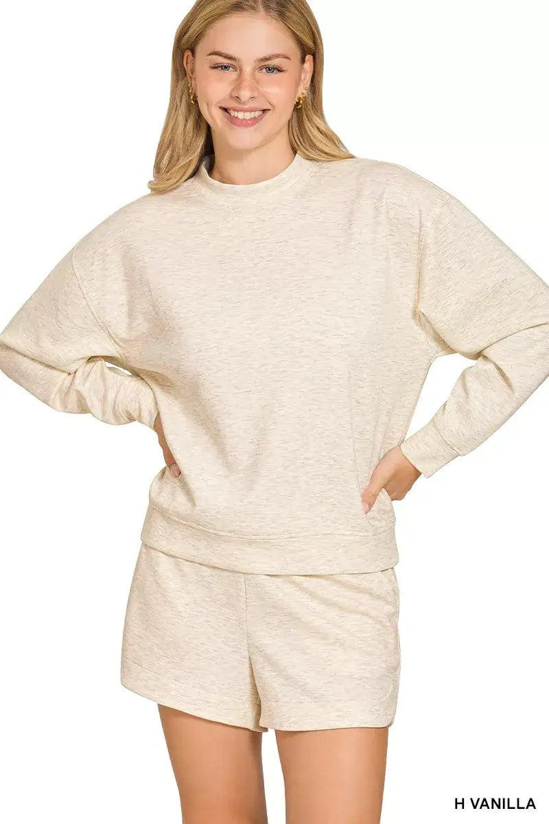 Zenana Scuba Long Sleeve Sweatshirt and Shorts Set - H VANILLA / S