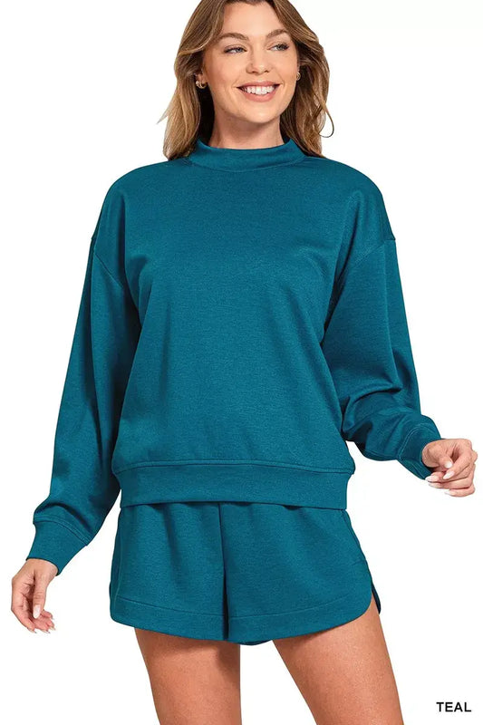 Zenana Scuba Long Sleeve Sweatshirt and Shorts Set - TEAL / S - Sleeve Sweatshirt and Shorts Set