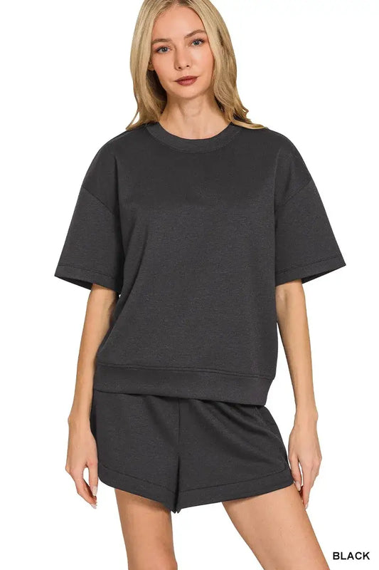 Zenana Scuba Short Sleeve Top & Shorts Set - BLACK / S