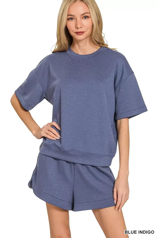 Zenana Scuba Short Sleeve Top & Shorts Set - BLUE INDIGO / S