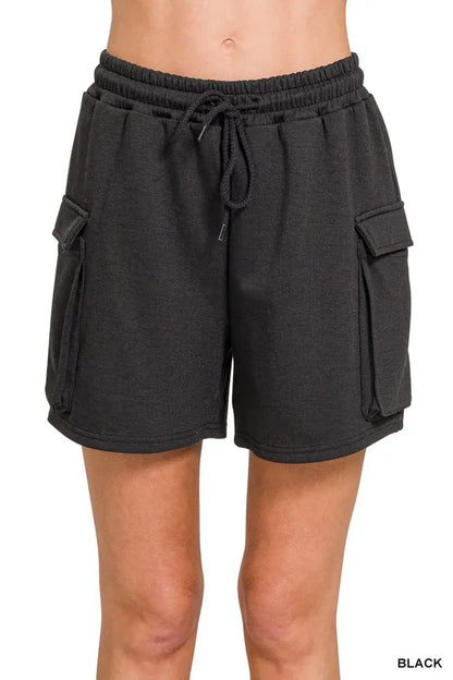 Black Zenana Scuba Thigh Pocket Shorts with elastic waistband and cargo thigh pocket