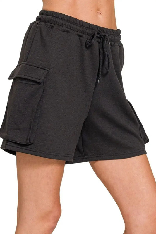 Black Zenana Scuba Thigh Pocket Shorts with elastic drawstring waist and thigh pockets