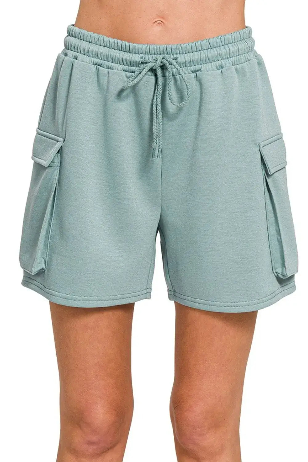 Teal Zenana Scuba Thigh Pocket Shorts with drawstring waist and functional thigh pockets