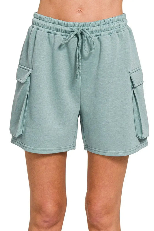 Teal Zenana Scuba Thigh Pocket Shorts with drawstring waist and functional thigh pockets