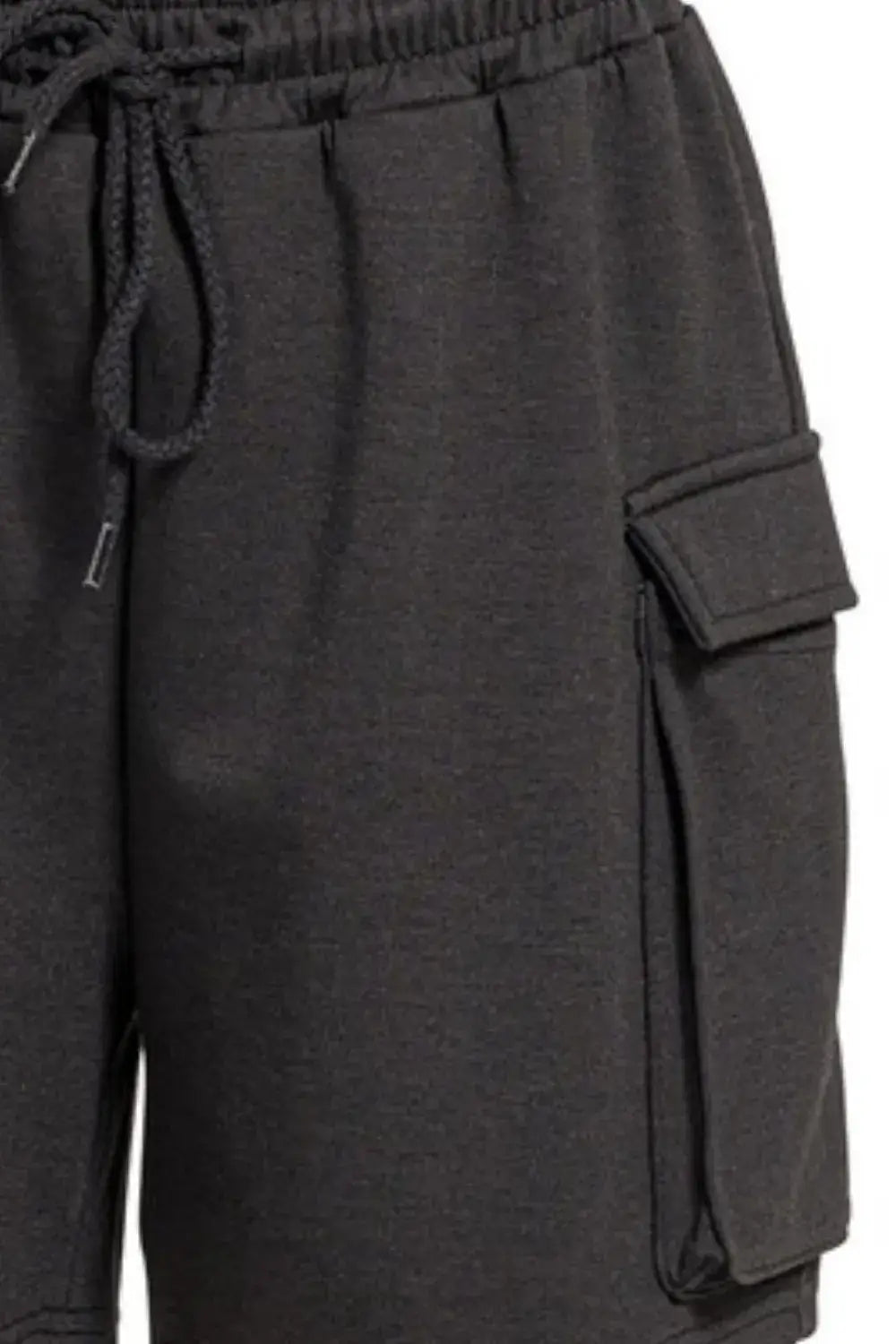 Dark gray Zenana Scuba Thigh Pocket Shorts with drawstring waist and cargo thigh pockets
